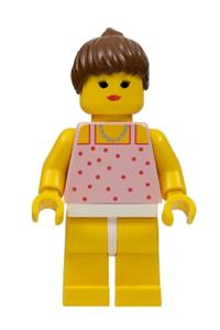 Paradisa Red Dots on Pink Shirt - Minifigure with red dots on a pink shirt, yellow legs, and brown ponytail hair - par011