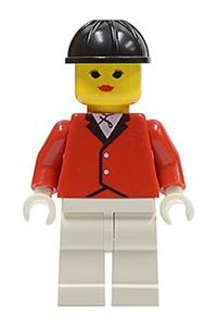 Paradisa Female Rider Minifigure - Paradisa female minifigure wearing a red riding jacket with white legs and a black construction helmet - par012