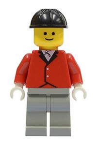 Paradisa Rider Minifigure - Minifigure wearing a red riding jacket with light gray legs and a black construction helmet - par013