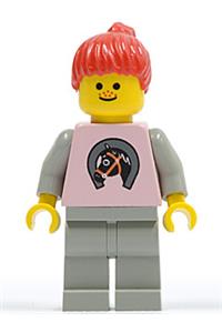 Paradisa Female Minifigure - Paradisa minifigure with a horse logo, light gray legs, and red ponytail hair - par015