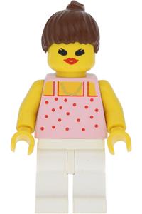 Paradisa Female Minifigure - Minifigure with red dots on pink shirt, white legs, and brown ponytail hair - par016