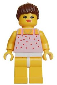 Paradisa Red Dots on Pink Shirt - Minifigure with red dots on pink shirt, yellow legs, brown ponytail hair, and an open mouth - par017
