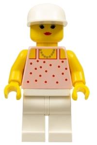Paradisa Female Minifigure - Paradisa Female with red dots on a pink shirt, white legs, and wearing a white cap - par018