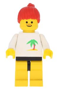 Paradisa Girl with Palm Tree Shirt - Minifigure with yellow legs and red ponytail hair, resembling a palm tree - par019