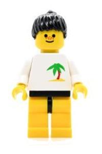 Paradisa Girl with Palm Tree Shirt - Minifigure with yellow legs and black ponytail hair, representing a palm tree theme - par020