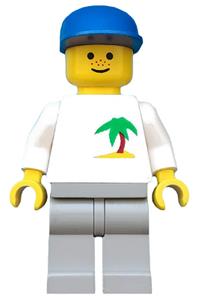 Paradisa Boy with Palm Tree Shirt - Minifigure with light gray legs and a blue cap featuring a palm tree design - par021