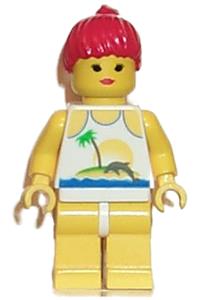 Paradisa Female Minifigure - Minifigure with an island, palm and sun, and yellow legs, with red ponytail hair - par023