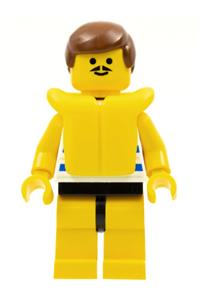 Paradisa Male Minifigure - Minifigure with brown male hair wearing a life jacket and yellow legs with horizontal blue/white stripes - par025
