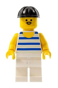 Paradisa Male Minifigure - Paradisa male minifigure with blue/white stripes, wearing a black construction helmet and white legs - par026