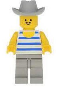 Paradisa Male Minifigure - Minifigure with horizontal blue/white stripes, light gray legs, and a light gray cowboy hat - par028