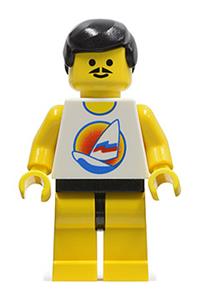 Paradisa Male with Surfboard Shirt - Minifigure with black male hair and a moustache, wearing yellow legs with a surfboard on ocean pattern - par029