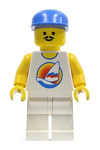 Paradisa Male with Surfboard Shirt - Minifigure with a blue cap and white legs, a surfboard on an ocean pattern - par031