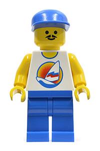 Paradisa Male with Surfboard Shirt - Minifigure with blue legs and a blue cap, carrying a surfboard on an ocean pattern - par033