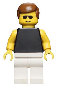 Paradisa Male Minifigure - Minifigure with a plain black torso and yellow arms, white legs, sunglasses, and brown male hair - par035