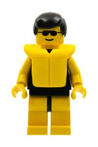 Paradisa Male with Life Jacket - Minifigure with plain black torso, yellow arms and legs, sunglasses, black male hair, and life jacket - par036