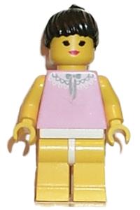 Paradisa Female Minifigure - Minifigure with gray and white collar, yellow legs, and black ponytail hair - par042