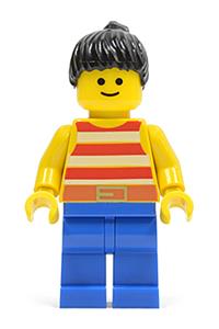 Paradisa Female Minifigure - Female with red and white stripes shirt, black ponytail hair, and blue legs - par043