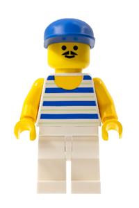 Paradisa Male Minifigure - Minifigure with blue cap, white legs, and horizontal blue/white stripes - par044