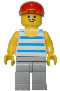 Paradisa Male Minifigure - Minifigure wearing red cap, light gray legs with horizontal blue/white stripes - par047