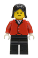 Female minifigure wearing a red riding jacket with black legs and black hair - par049