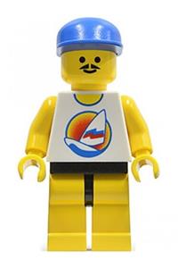 Paradisa Male with Surfboard Shirt - Minifigure with yellow legs, wearing a blue cap and a life jacket - par051