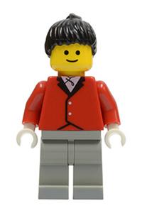 Paradisa Jockey Minifigure - Minifigure wearing a red riding jacket with light gray legs and having black ponytail hair - par052