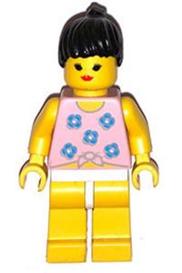 Paradisa Female in Blue Flowers Shirt - Minifigure with white legs, black ponytail hair, and a life jacket adorned with blue flowers - par053