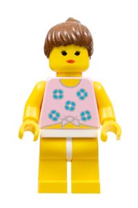 Paradisa Female in Blue Flowers Shirt - Minifigure with brown ponytail hair, wearing yellow legs and adorned with blue flowers - par054