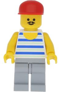 Paradisa Male Minifigure - Minifigure with red cap, horizontal blue/white stripes, and light bluish gray legs - par056
