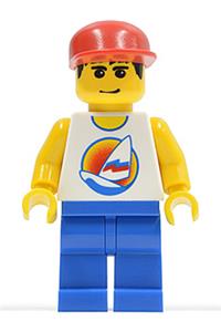 Paradisa Male Minifigure - Minifigure with red cap and blue legs, surfing on an ocean-themed baseplate with a surfboard - par057