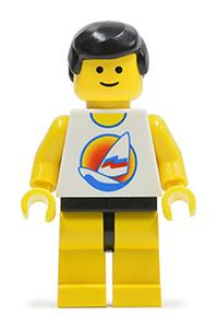 Paradisa Male with Surfboard Shirt - Minifigure with yellow legs and black male hair surfing on an ocean with a surfboard - par058