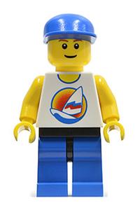Paradisa Male with Surfboard Shirt - Minifigure with blue legs and black hips, wearing a blue cap with a surfboard on ocean shirt - par059