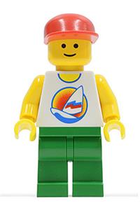 Paradisa Male with Surfboard Shirt - Minifigure with a red cap and green legs with a surfboard on ocean shirt - par060