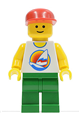 Minifigure with a red cap and green legs with a surfboard on ocean shirt - par060