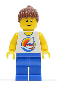 Paradisa Female Lifeguard - Minifigure with reddish brown ponytail hair, blue legs, and holding surfboard on ocean scene - par062