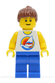 Minifigure with reddish brown ponytail hair, blue legs, and holding surfboard on ocean scene - par062