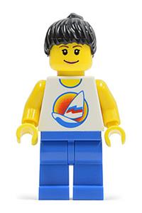 Paradisa Girl Minifigure - Minifigure with a black ponytail hair, blue legs, surfing on an ocean-themed surfboard - par063