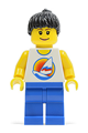 Minifigure with a black ponytail hair, blue legs, surfing on an ocean-themed surfboard - par063
