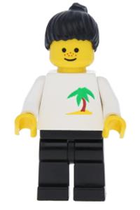 Paradisa Girl with Palm Tree Shirt - Minifigure with black legs and ponytail hair and a palm tree pattern - par064