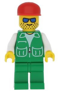 Male in Green Jacket Minifigure - Minifigure wearing a green jacket with 2 large pockets, with green legs and a red cap - pck002