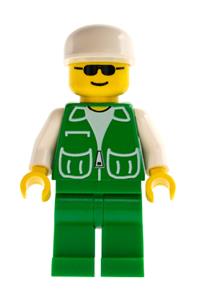Male in Green Jacket Minifigure - Minifigure wearing a green jacket with 2 large pockets, green legs, and a white cap - pck006