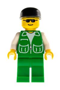 Male in Green Jacket Minifigure - Minifigure wearing a green jacket with 2 large pockets, green legs, and a black cap - pck007