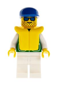 Shark Fisherman Minifigure - Minifigure wearing a green jacket with 2 large pockets, white legs, a blue cap, and a life jacket - pck008