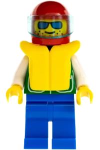 Kayaker in Life Jacket Minifigure - Kayaker in red helmet with trans-light blue visor, wearing green jacket with large pockets, blue legs, sunglasses, and life jacket - pck009