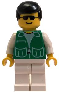 Male in Green Jacket Minifigure - Minifigure with light gray legs and black male hair wearing a green jacket with 2 large pockets - pck010