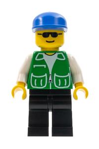 Male in Green Jacket Minifigure - Minifigure with black legs wearing a green jacket with 2 large pockets and a blue cap - pck011