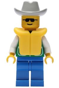 Male in Life Jacket Minifigure - Minifigure wearing a green jacket with 2 large pockets, blue legs, light gray cowboy hat, and life jacket - pck012