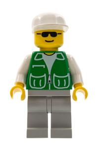 Male in Green Jacket Minifigure - Minifigure with a green jacket featuring 2 large pockets, light gray legs, and a white cap - pck013