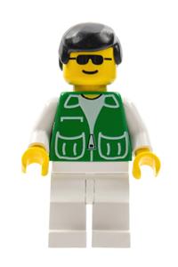 Male in Green Jacket Minifigure - Minifigure with a green jacket featuring 2 large pockets, white legs, and black male hair - pck014