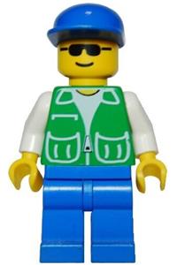 Male in Green Jacket Minifigure - Minifigure with a green jacket featuring 2 large pockets, blue legs, and a blue cap - pck015